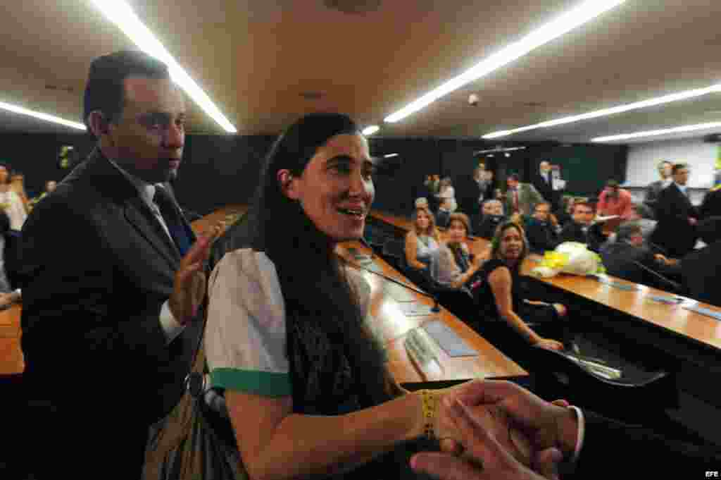 La disidente cubana Yoani S&aacute;nchez en la sede de la C&aacute;mara de Diputados, en Brasilia (Brasil).